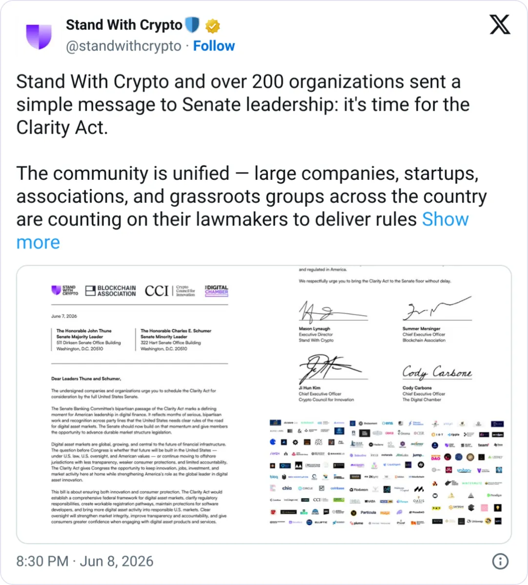 بیش از ۲۰۰ شرکت رمزارزی خواستار تصویب قانون CLARITY در سنای آمریکا شدند