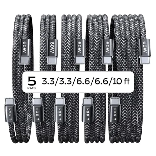 مقایسه باسئوس Type-A به Type-C مدل C-Shaped با طول 1 متر {request()->input('language_config')['common']['with']} LISEN USB C to USB C Cable 5-Pack 60W