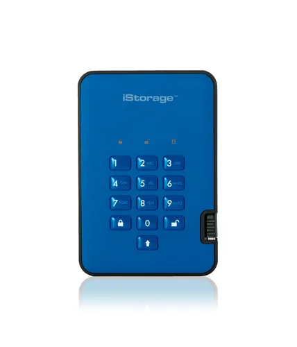عکس iStorage diskAshur² SSD 256GB Blue | Secure Portable Solid State Drive |AES-XTS 256-bit Hardware Encryption | PIN protected | OS & Platform Independent | TAA Compliant |Brute force hack defence | Dust/Water Resistant
