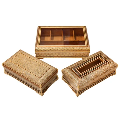 ست جعبه و جعبه دستمال خاتم کاری صنایع دستی فاخر مدل HQGold