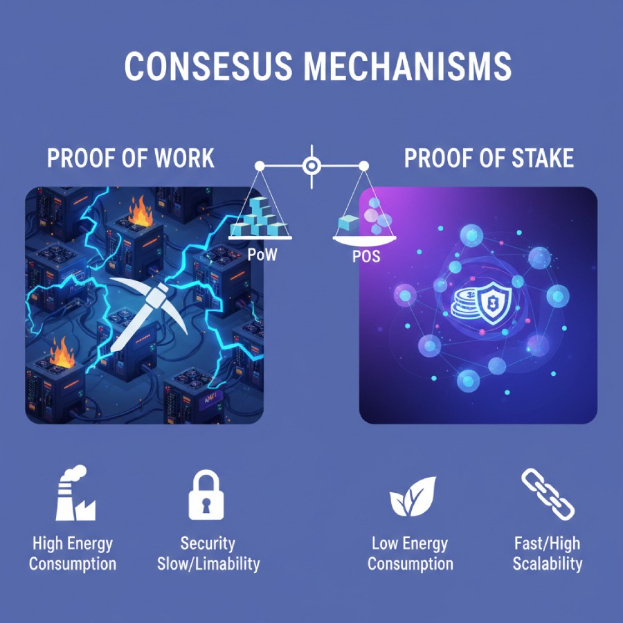 مقایسه مکانیزم‌های اجماع PoW و PoS